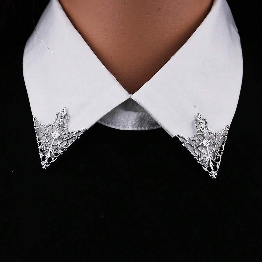 2pcs Unisex Vintage Hollow V-Shaped Collar Pins, Suitable For Daily Wear And Parties - Silver - View 1