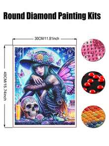 Bộ tranh đính đá hình bướm, cô gái, mặt trăng và đầu lâu dành cho người lớn, bộ tranh đính đá 5D cho người mới bắt đầu, bộ tranh tự làm đính đá tròn toàn bộ với các hạt đá quý để trang trí tường nhà. - Không có khung - Xem 2