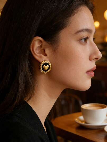 1 Pair Elegant Stainless Steel Round Oil Drop Heart Shaped Earrings, Suitable For Women's Daily Wear