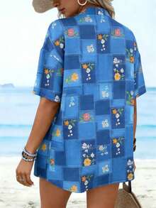 Women's Fashionable Casual Vacation Set, Cardigan Short Sleeve Top Paired With Shorts Summer - Blue - View 2