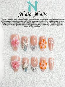 NAIO 10片/套 春夏手工按压式美甲贴片，夏季海滩主题美甲，棺材形/杏仁形/短方形甲片，Y2K 酷炫风格，裸色、粉色、橙色和蓝色，法式边缘，浮雕花朵和海星，花卉和贝壳图案，Gel-X 美甲设计，珍珠和金属装饰，乳霜质地，适合女性和女孩，派对、日常佩戴皆宜，附赠工具包，女士美甲用品、度假美甲的完美礼物，粘贴式假指甲套装，海洋主题礼物 - 彩色 - 查看 12