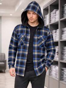Men's Adult Flannel Plaid Shirt With Hood. - 藍色 - 查看 3