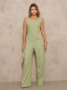 Elegant Linen Jumpsuit With Wide Legs And Discreet Pockets. - Sage Green - View 1