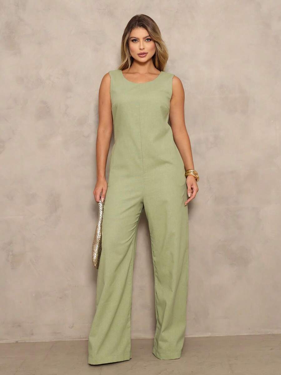 Elegant Linen Jumpsuit With Wide Legs And Discreet Pockets. - Sage Green - View 1