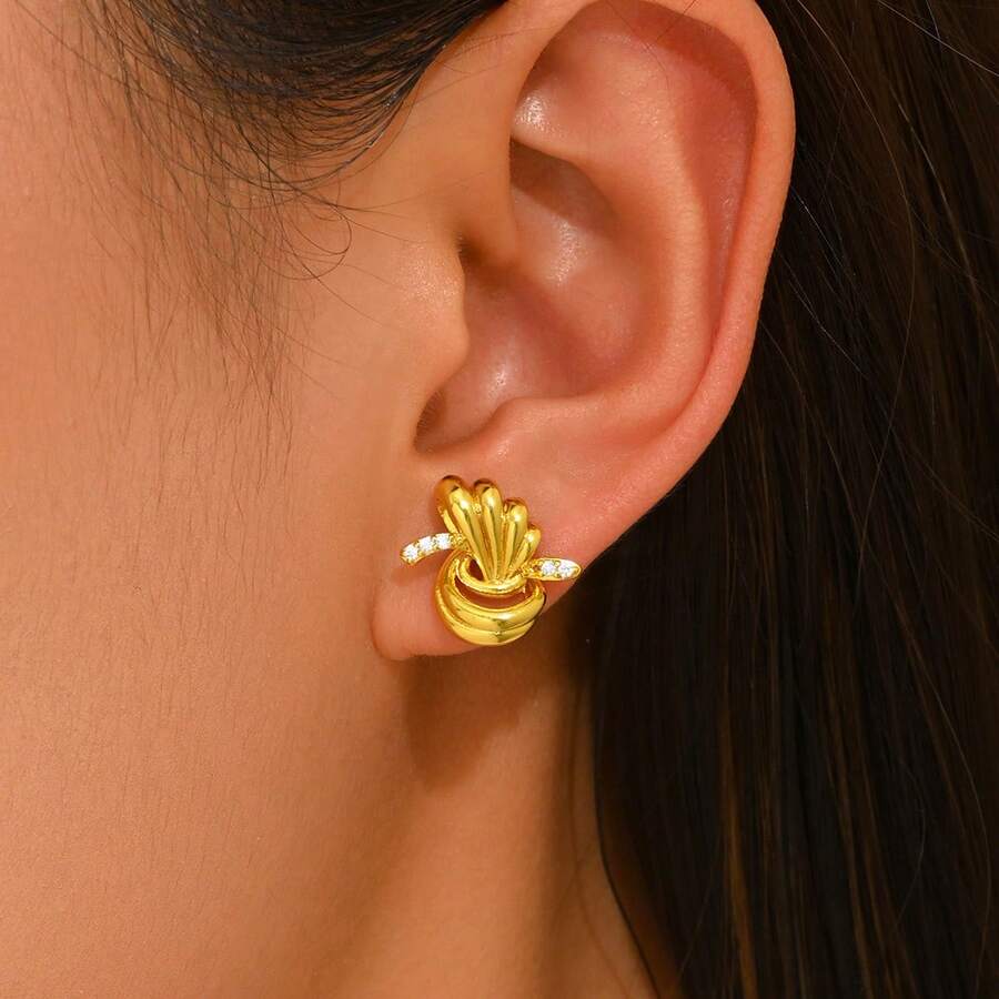 时尚亮面多纹理十字结女士耳环,复古铜质首饰礼品 - 金色 - 查看 1
