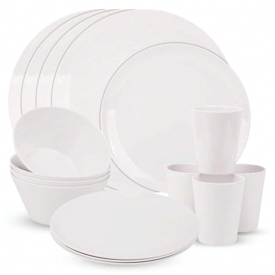 White Dinnerware Bowl Plates Round Dinner Set Melamine Tableware Kitchen 16pcs - Multicolor - View 1