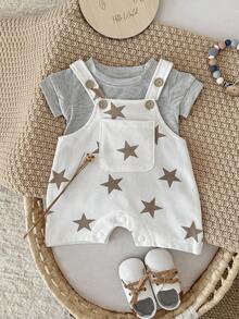 2pcs/Set Newborn Baby Boys/Girls Casual Cute Star Print Romper & Striped T-Shirt Set, Spring/Summer - White - View 3