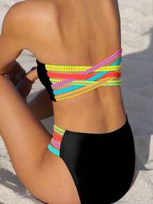 Women's Black Bandeau Criss-Cross Strap Bikini Set, Suitable For Summer Vacation & Beach - Black - View 1