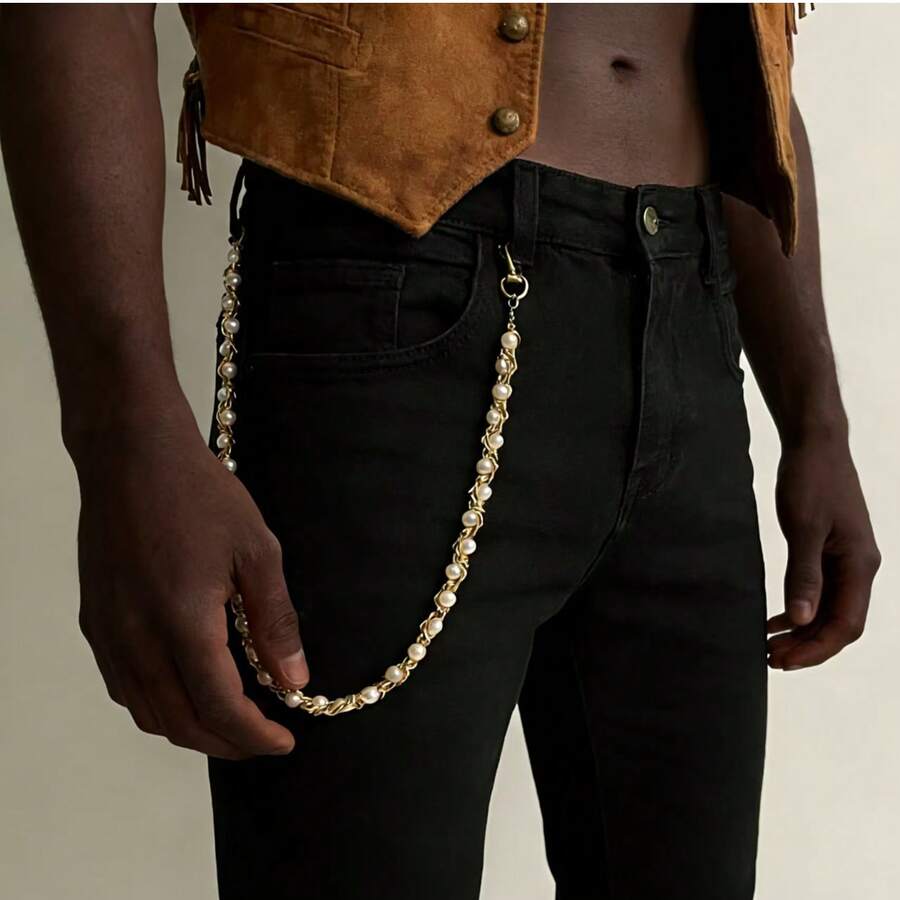 Gold Tone Pearl Beaded Chain Belt For Jeans - 21.6" Boho Waist Chain, Vintage Hip Hop Pants Chain, Fashion Accessory For Men & Women, Punk Hip Hop Wallet Chain, Stylish Bag Charm Accessory - 珍珠銅鏈褲鏈 - 查看 1
