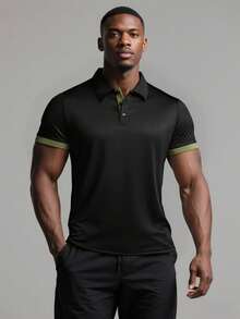 男士拼色四分之一鈕扣 Polo 衫，休閒週末 T-shirt，經典版型夏季運動上衣 - 黑色 - 查看 5