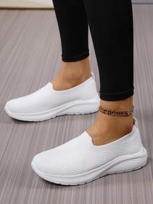 1 par de elegantes sapatos brancos para enfermeira, tênis casuais esportivos de tecido, cor sólida, sem cadarço, adequados para casa, escritório, primavera/outono. - Branco - Ver 4
