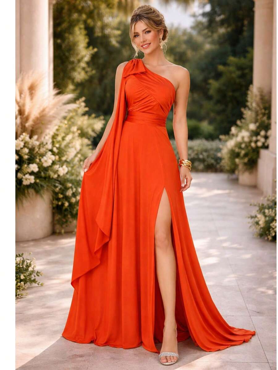 Bridesmaid Dress For Party Guests Reception Graduation Without Shine Cape Sleeve In Fluity - 紅陶 - 查看 1