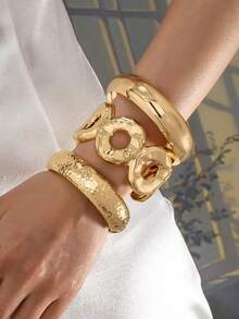 3pcs/Set Minimalist Geometric Asymmetrical Thick Textured Gold-Tone Bangle Bracelet Set, Suitable For Women, Chunky Smooth Matte Heavy Metal & Zinc Alloy Material - Yellow Gold - View 11