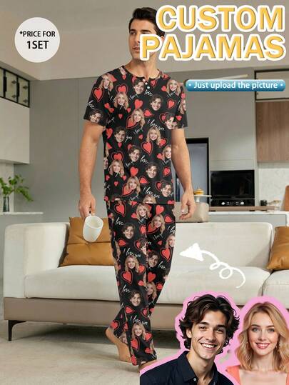 パーソナライズされたメンズパジャマセット、カスタマイズ可能な半袖Tシャツとロングパンツセット、顔画像とハートレターパターン、快適なカジュアルルームウェア、ギフトオプション