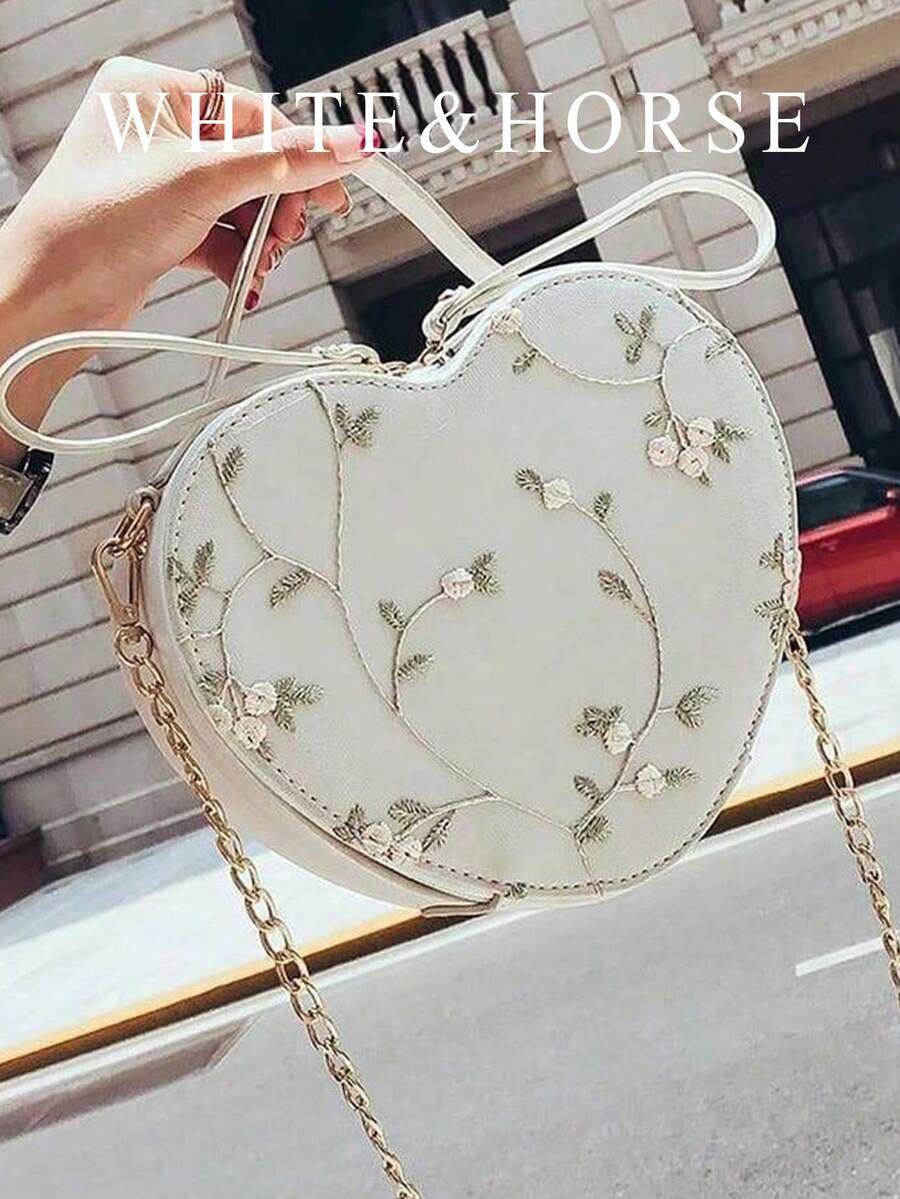 蕾丝心形斜挎包，淑女刺绣单肩包 - 白色 - 查看 1