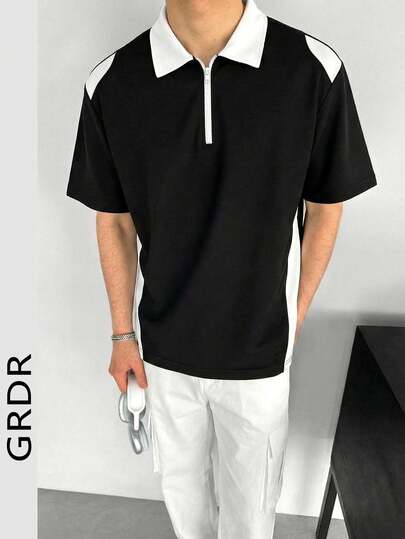  GRDR Casual Men's T-Shirt, Half Zip Collar Patchwork Polo Short Sleeve Tee