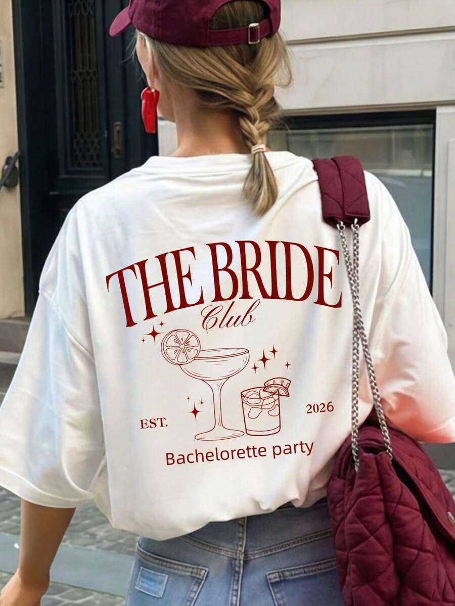 1件女士夏季圆领短袖T恤，“新娘，始于2026年”印花图案 - 白色 - 查看 1