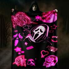 1PC Glowing Ghostface Horror Flannel Throw Blanket 50"X60" (Multiple Sizes) - Iconic White Scream Mask With Black Hood & Ink Wash Smoke, Tapestry Wall Hanging, Halloween Gift, Room Decor, Perfect For Sofa, Bed, Office, Horror Fan Gift - nhiều màu 4 - Xem 5
