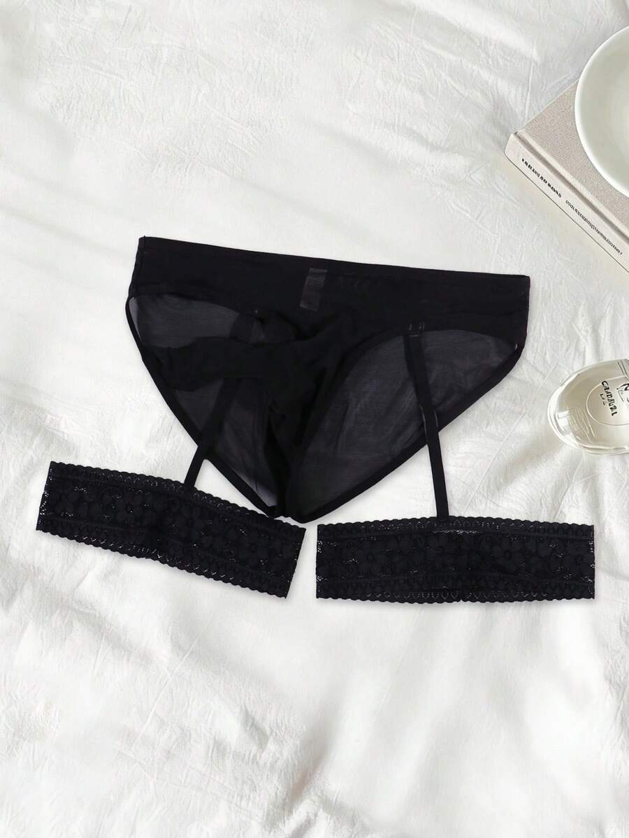 Men's Sexy Mesh See-Through Pouch Briefs With Lace Leg Garter - Black - View 1