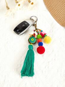1PC Bohemian Style Hand Woven Rainbow Fringe Keychain Pendant, Wooden Carved Coconut Shell Five Pointed Star Turtle Keychain, Suitable For Party Gifts - Multicolor - View 6