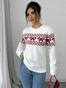 Jersey Mujer 2026 Estilo Americano Cuello Redondo Lazo Contraste Colección Navidad - Blanco - Ver 7