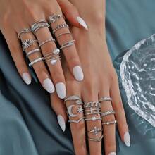 23 PCS  Fashion Simple Retro Cross Moon Leaf Ring   Gold Geometric Joint Jewelry - 銀色套裝 - 查看 1