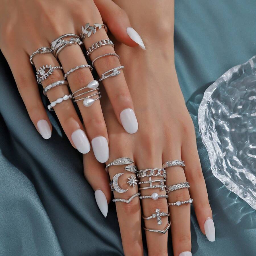 23 PCS  Fashion Simple Retro Cross Moon Leaf Ring   Gold Geometric Joint Jewelry - 銀色套裝 - 查看 1