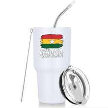 30oz Stainless Steel Tumbler Black White Options,  Ghana Flag Design With Star And Colors Graphic Cups, Insulated Travel Coffee Mug With Lid And Straw , Double Wall Vacuum Reusable Travel Cups, Funny Birthday Party Gift For Women & Men - 白色 - 查看 1