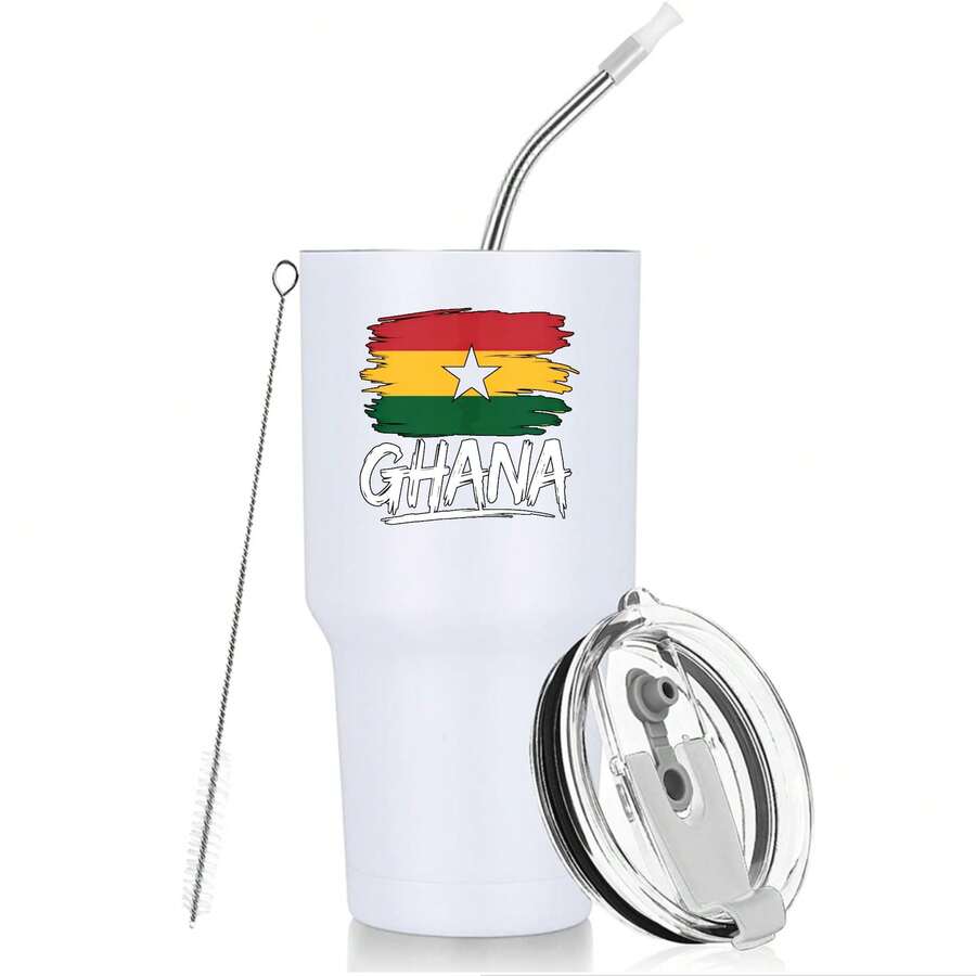 30oz Stainless Steel Tumbler Black White Options,  Ghana Flag Design With Star And Colors Graphic Cups, Insulated Travel Coffee Mug With Lid And Straw , Double Wall Vacuum Reusable Travel Cups, Funny Birthday Party Gift For Women & Men - 白色 - 查看 1