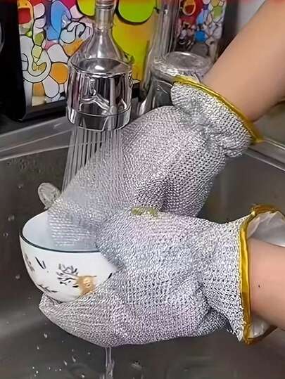 Dishwashing Gloves For Kitchen Cleaning - Comfortable Laundry, Cleaning Gloves, Household Gloves, Silvery Wire Dishwashing Gloves, Double-Sided Silvery Wire, Dishwashing And Pot Cleaning - Silvery Scrubbing Gloves, Dishcloth, Cleaning Gloves