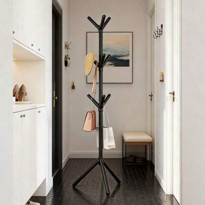1 Piece Of Metal Floor-Standing Tree-Shaped Coat Rack, Multi-Hook Design, Easy To Move, Suitable For Storing Clothes In Living Rooms, Balconies, Bedrooms, And Walk-In Closets, Saving Space.