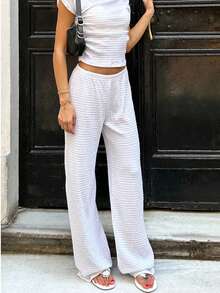 Textured Wide Leg Trousers - Boho Casual High Waist Flowy Beach Pants - White - View 7