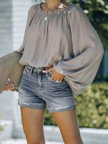 Women's Summer Solid Color Ripped Pocket Button Denim Shorts Casual - Medium Blue - View 4