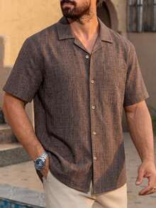 1pc Brown Loose Fit Faux Linen Men's Shirt, Casual Vacation Shirt, Lightweight Breathable, Vacation Style, Machine Washable, Oversized Fit, Summer Beach Holiday, Beach Outing, Fresh And Comfortable Men's Top, Size Runs Large, Can Order One Size Down - Coffee Brown - View 4