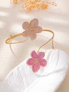 1pc Pink & White Enamel French Floral Arm Cuff | Gold-Tone Feather Arm Bracelet | Summer Beach Resort Jewelry - Pink - View 6