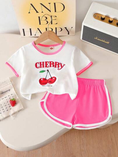 2pcs/Set Girls Casual Cherry Print Top + Simple Versatile Shorts