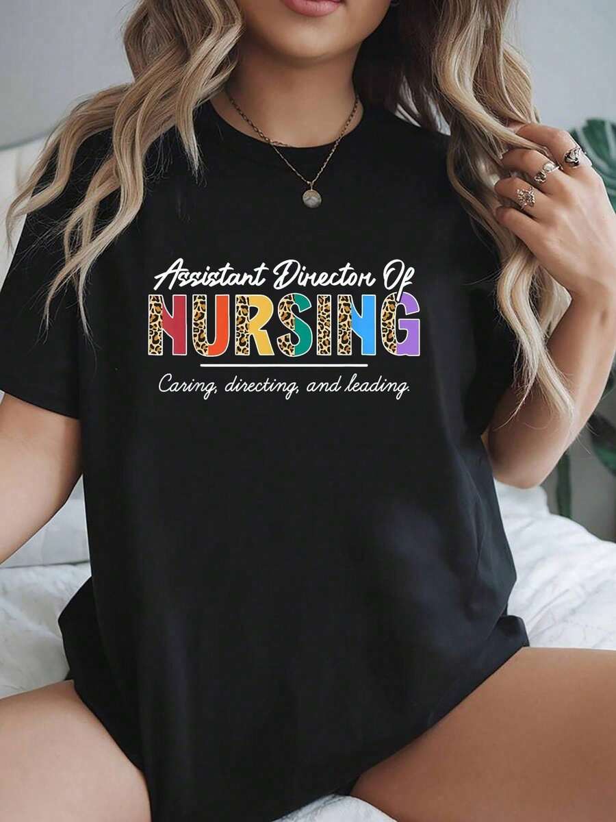 Assistant Director Of Nursing Appreciation Leopard T-Appreciation Leopard-Nursing Appreciation Leopard T-Shirt, Men Women'Cotton Round Neck Short Sleeve T-Shirt, Spring Summer Fashion Graphic Tees, Women Tops - Black - View 1