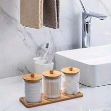 1Set Transparent Storage Box With Bamboo Cover And Tray, Suitable For Bathroom Organization And Storage, Bathroom Decoration, Farmhouse Decoration, Pharmacist Jar For Cotton Swabs, Balls, Mats, Dental Floss - trong suốt - Xem 5