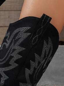 New Fashionable Versatile V-Neck Mid-Calf Boots, Pointed Toe Thick Bottom Chunky Heel, Western Boots, Knight Boots, Suitable For Vacation, Music Festival, Halloween - Black - View 9