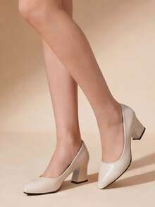 秋冬季简约尖头粗跟浅口鞋，米色女士单跟高跟鞋，优雅 - 米色 - 查看 9