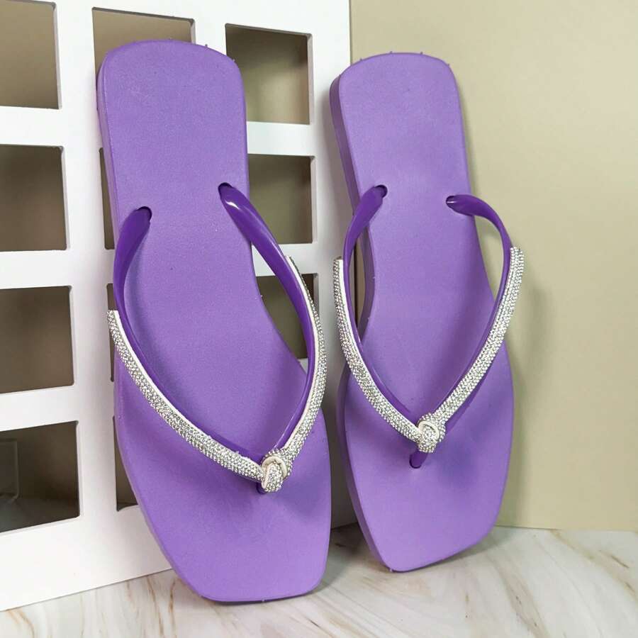 Women's Comfortable Black Square Toe Flip-Flop Sandal With Rhinestone Strap And Bow - Purple - View 1