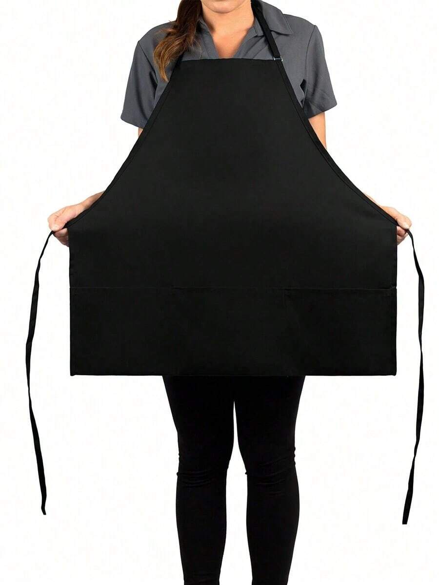 1pc Unisex Black Color Apron, Adjustable And Waterproof With 3 Pockets, Suitable For Chef, Cooking, BBQ E5EF - Black - View 1