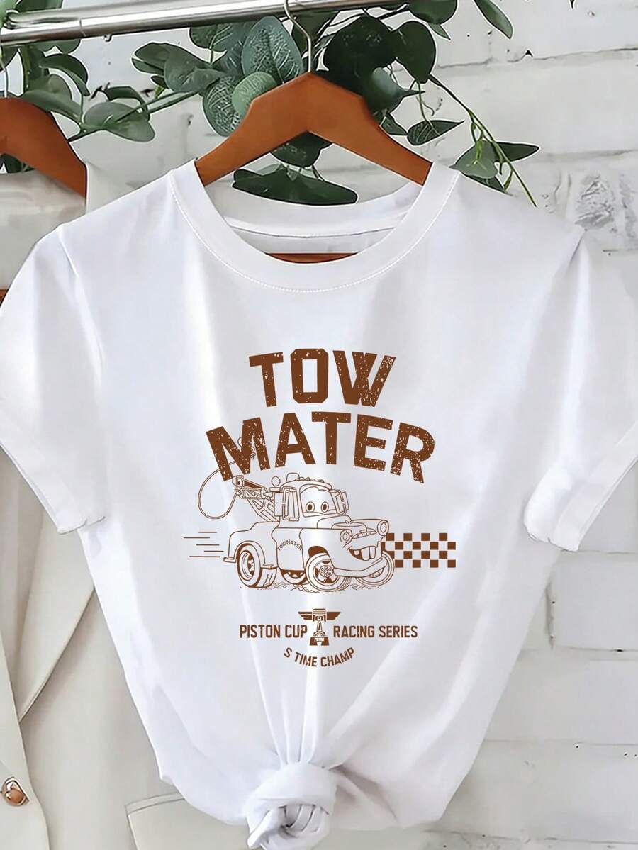 Disney Loose Fit "Cars" Drag Line TOW MATER Retro Printed T-Shirt, Suitable For Summer And Spring, Short Sleeved Top, Women's Clothing, Holiday Gift Party Clothing. - 白色 - 查看 1