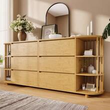 Kommode Sideboard 160cm Eiche, Römisches Design Mit Säulen & Bambus-Regalen, 6 Schubladen & Offene Regale, Höhenverstellbare Füße, H75/B160/T40 Cm - Khaki - View 5