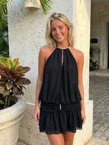 Women Pearl Halter Neck Dress Summer Cutout Ruched Backless Layered Mini Dress for Party Beach Club Streetwear - Negro - Ver 2