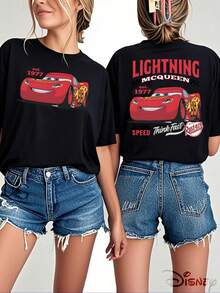 Disney Genuine Authorization, Car Story Lightning McQueen Pattern Printing Ladies 100% Cotton T-Shirt-Creative Cartoon Printing, Breathable Light Fabric, Regular Round Neck Summer Street Casual Shirt, Black And White Wild Disney Shirt, Holiday Gift, Unisex. - Black - View 1
