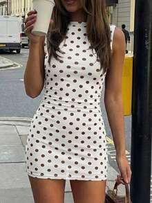 Elegant Polka Dot Print Sleeveless Fitted Mini Dress, Summer - White - View 4