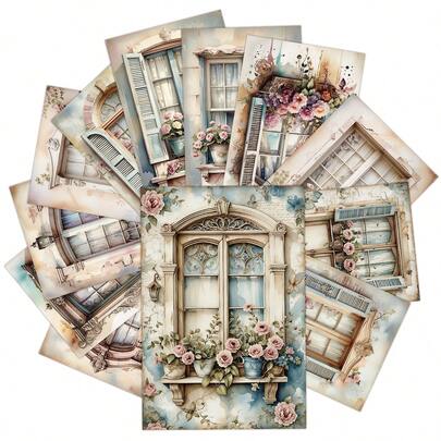 12pcs Vintage Windows Floral Postcards - Romantic Retro Wall Collage Kit For Home & Bedroom Decor, Aesthetic Pictures Small Posters, Decorative Cards For Scrapbooking & Crafting