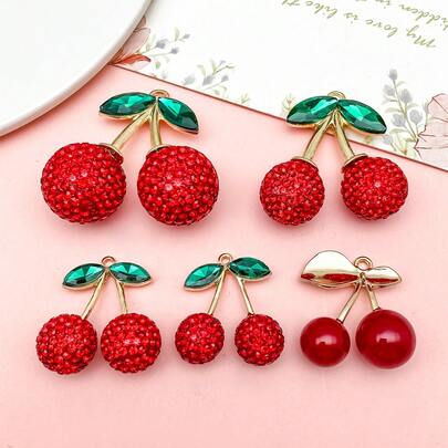 2/5Pcs Mixed Style Cherry Charms - Rhinestone & Enamel Cherry Pendants For Bracelet & Keychain