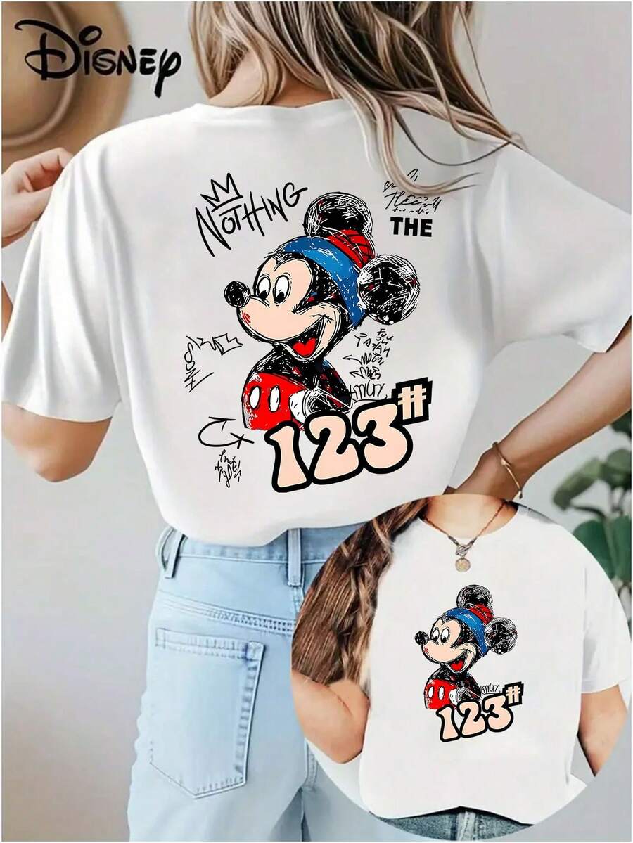 Soft Cotton Women's T-Shirt | Disney Mickey Mouse Graffiti 123# Graphic | Casual Summer Wear - Blanc - Voir 1
